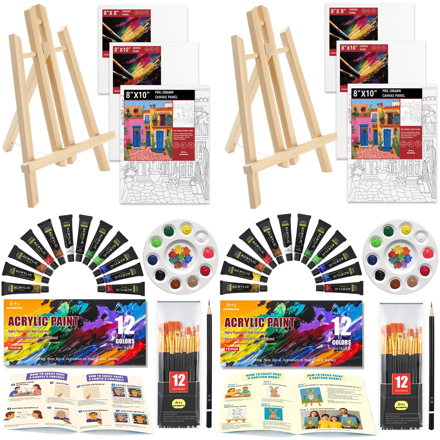 Photo 1 of 2 Pack Painting Set for Adults or Family Groups, 62 PCS Paint Sets with 2 Table Easels,24 Acrylic Paints,6 Pre-Drawn & Blank Canvases for Painting,24 Brushes,2 Pencils,2 Palettes and Painting Guides