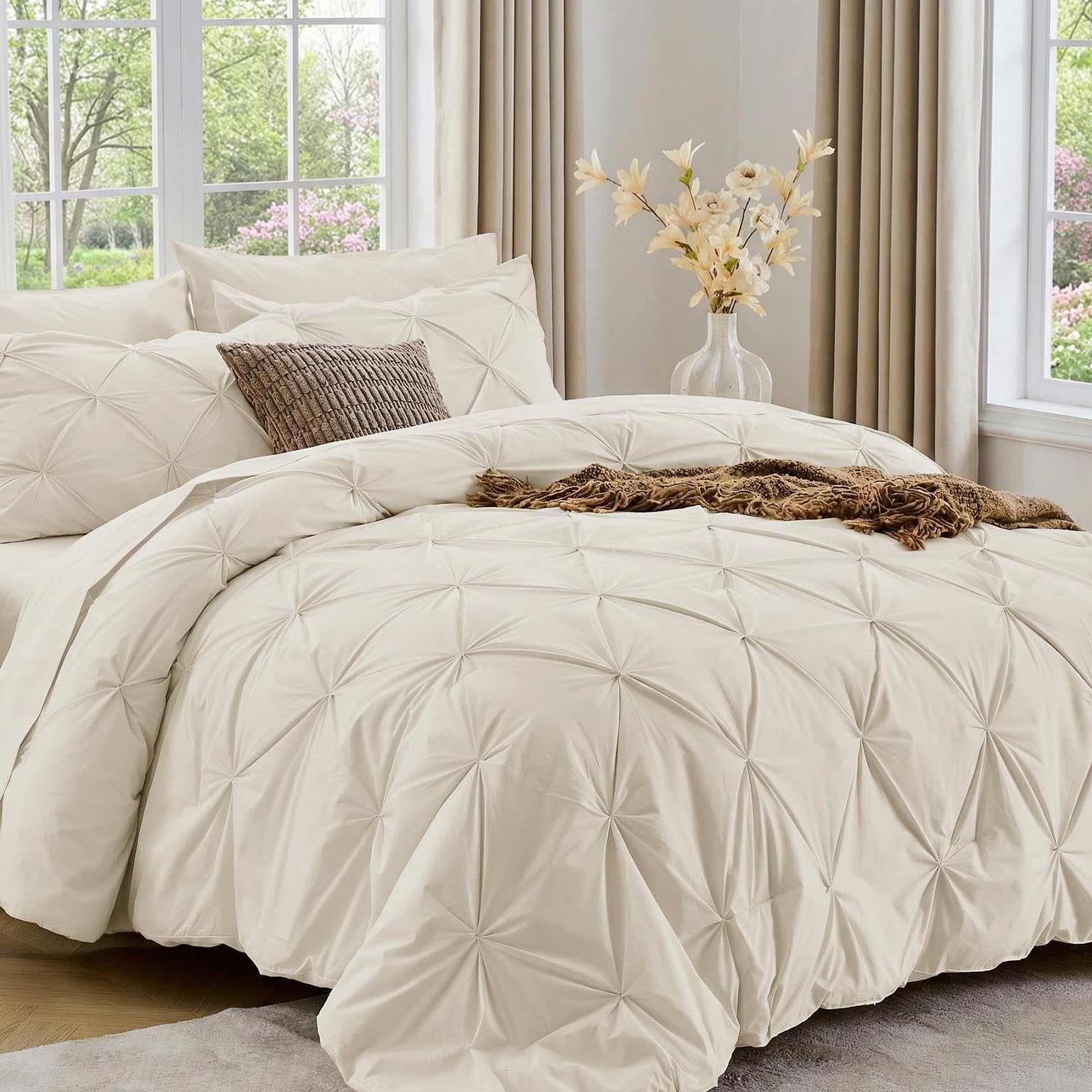 Sasttie Twin XL Comforter Set, 5-Piece Bed in a Bag, Pintuck Bedding Sets for All Season, Includes Comforter, Flat Sheet, Fitted Sheet, Pillowcase and Pillowsham, Beige Image