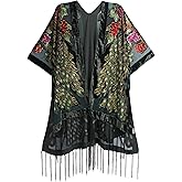 WeHello Women's Burnout Velvet Robe Cover Up Handmade Fringe Kimono