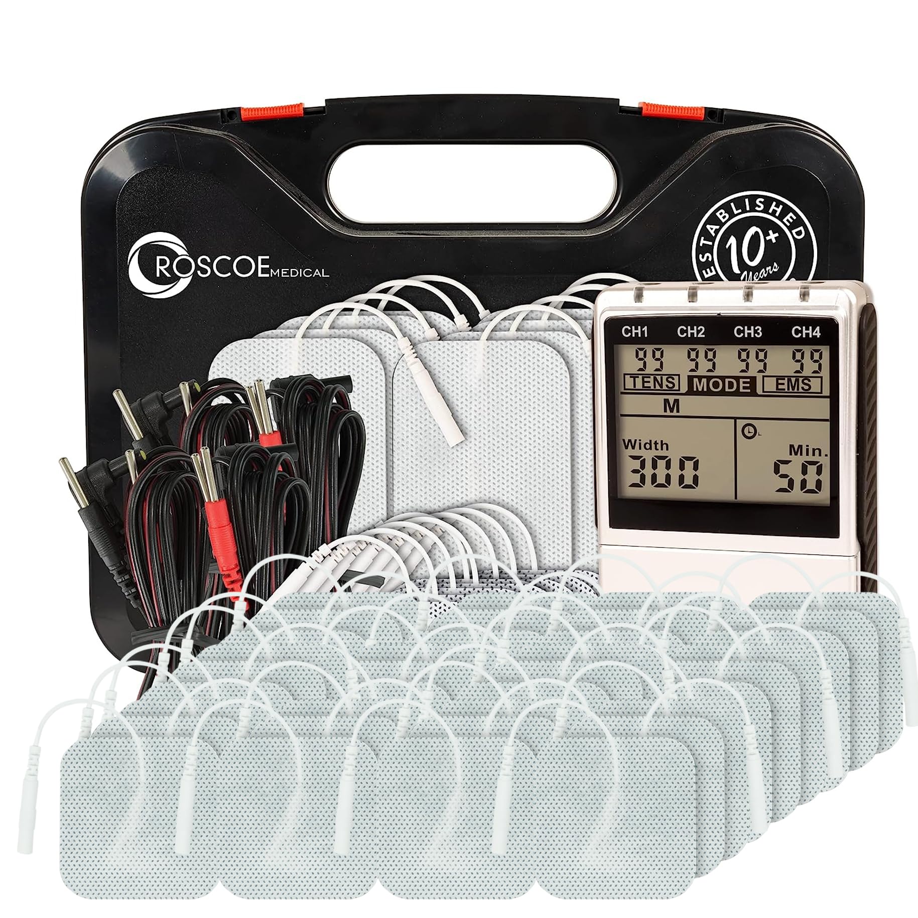 Photo 1 of Roscoe Medical 4 Channel EMS and TENS Unit Muscle Stimulator for Back Pain Relief, Electric Muscle Stimulator with 48 Pack of Electrodes for Recovery, Stim Machine, Electrotherapy, TENS Machine