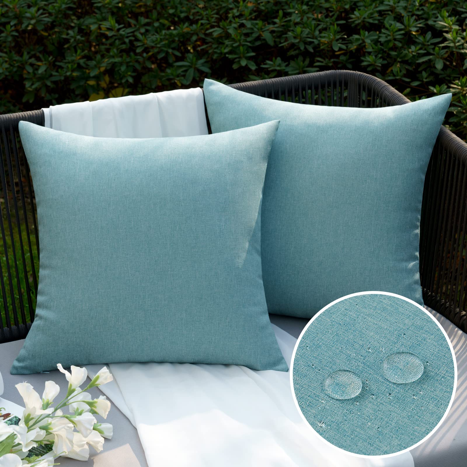 EMEMA Outdoor Cushion Covers Waterproof Decorative 18 x 18 Inch Throw Pillow Covers for Furniture Patio Couch Garden Mint Sofa Bed Linen Balcony Outside Cushions 45 x 45 cm Set of 2
