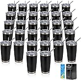 IEOVIEE 32 Pack, 20oz Stainless Steel Bulk Tumblers with Lids and Straws, Double Wall Insulated Travel Coffee Mug, Durable Powder Coated Tumbler Bulk Cup for Cold and Hot Drinks(Black)