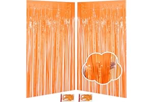 JINSUI Thanksgiving Decorations Orange Streamers Fringe Backdrop 3.3x8.2ft, 2 Pack Foil Fringe Curtains for Basketball Birthday Party Decorations, Wall Door Decor Tinsel Backdrop for Halloween Bachelorette