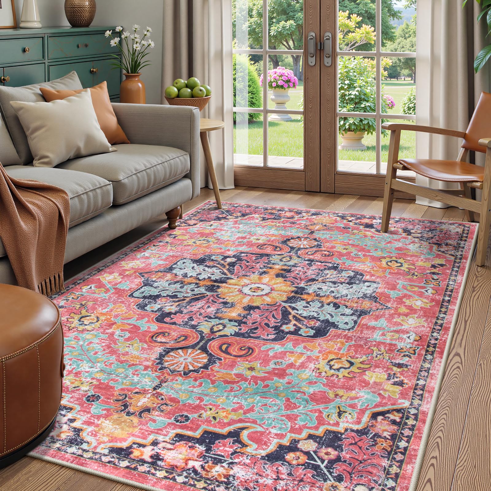 Photo 1 of Lahome Bohemian Floral Medallion Area Rug - 4x6 Hot Pink Entryway Rug Soft Laundry Room Mat, Non-Slip Machine Washable Nursery Accent Carpet for Dorm Department Kitchen Office, Fuchsia/Multi
