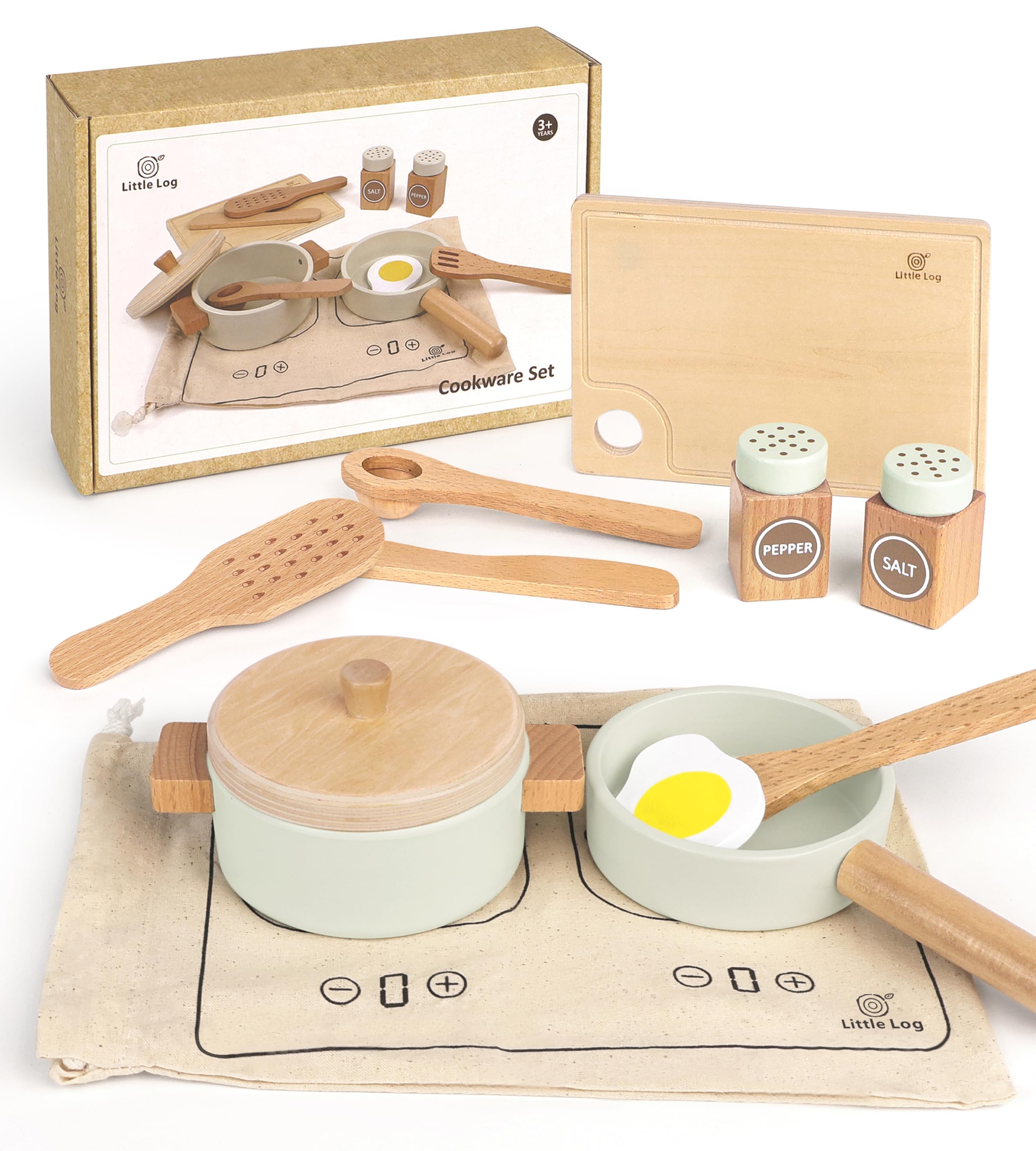 Little Log Wooden Cookware Pots and Pans Set Kids Cooking Set Children Play Kitchen Accessories Pretend Role Play Food Toys Gifts for Boys Girls Ages 3 Years and Up