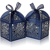 DOYIDE 100pcs Laser Cut Favor boxes, Wedding Favors Candy Boxes with Ribbons and Tags, Small Gift Boxes for Wedding,Party,Baby Shower,Bridal Shower (100-2x2x2.76", Deep Blue)