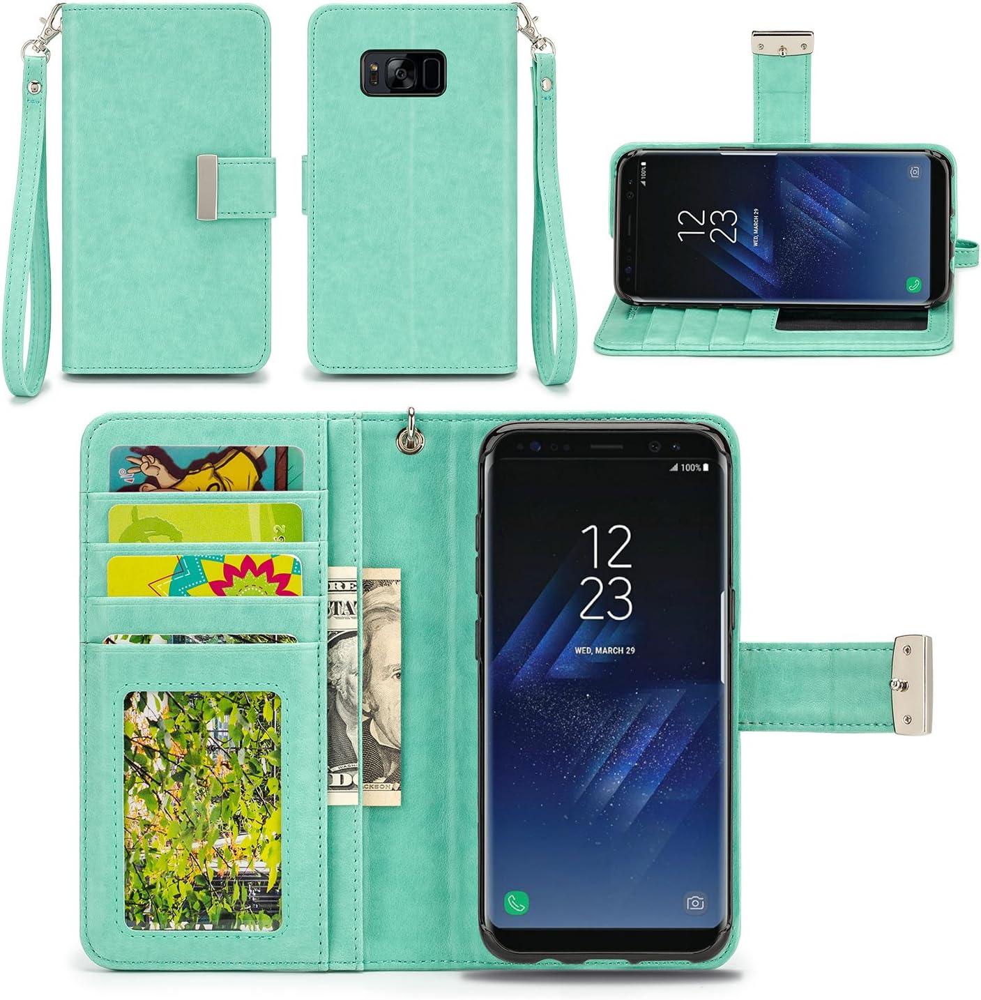 Samsung Galaxy S8 Case - IZENGATE [Classic Series] Wallet Cover PU Leather Flip Folio with Stand (Mint)