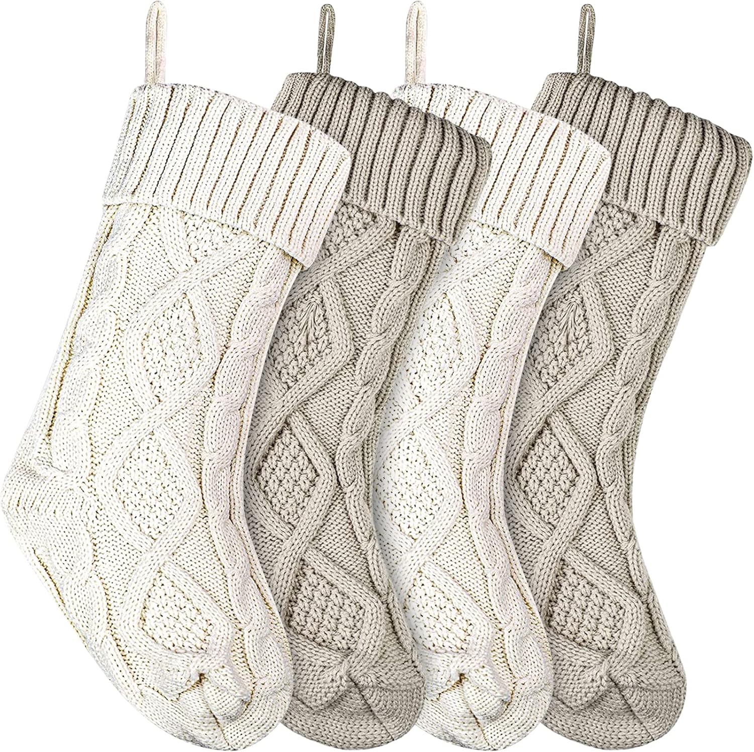 Stockings & Holders - Christmas Stockings Knitted Xmas Stockings 18 Inches Double-Sided Fireplace Hanging Stockings for Family Christmas Decoration (Ivory,Khaki, 4)