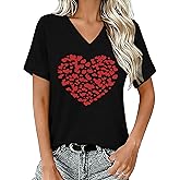 Wlen Valentines Shirts for Women Valentine Heart V Neck T-Shirt Love Heart Tee Tops