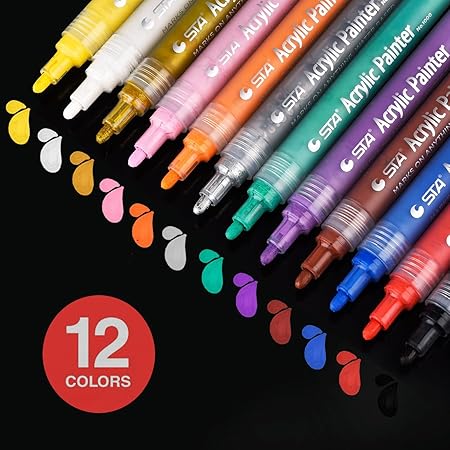12 Farben Acrylstifte Marker Stifte, Acrylfarbe wasserfest marker Set Art Filzstift Folienstift für Glasmalerei, Stoffmalerei