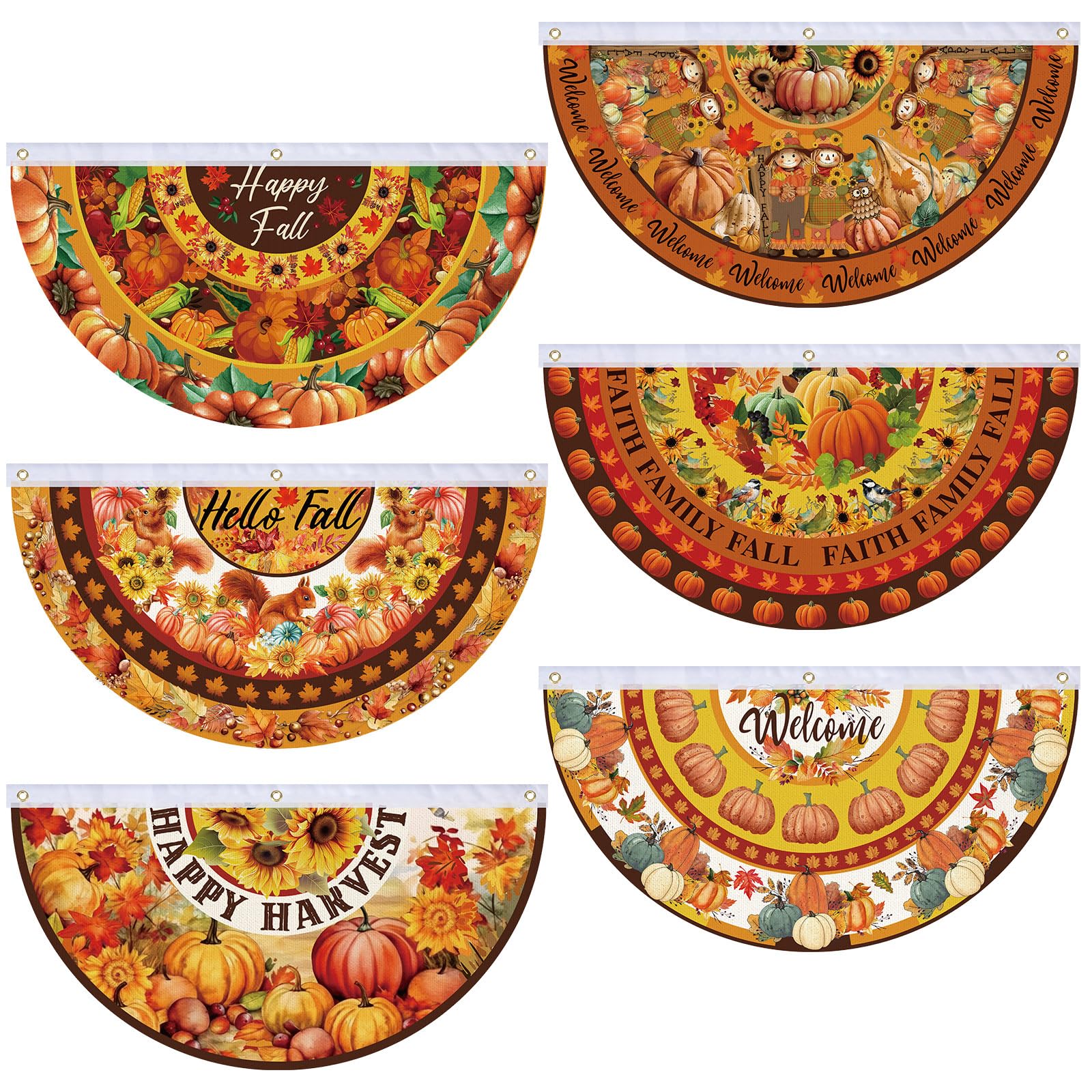 Photo 1 of 6 Pcs Hello Fall Bunting Flag Thanksgiving Pumpkin Welcome Fall Outdoor Half Banner Happy Harvest Autumn Pumpkin Squirrel Pattern Bunting Flag for Thanksgiving Garden Decor, 1.5 x 3 ft