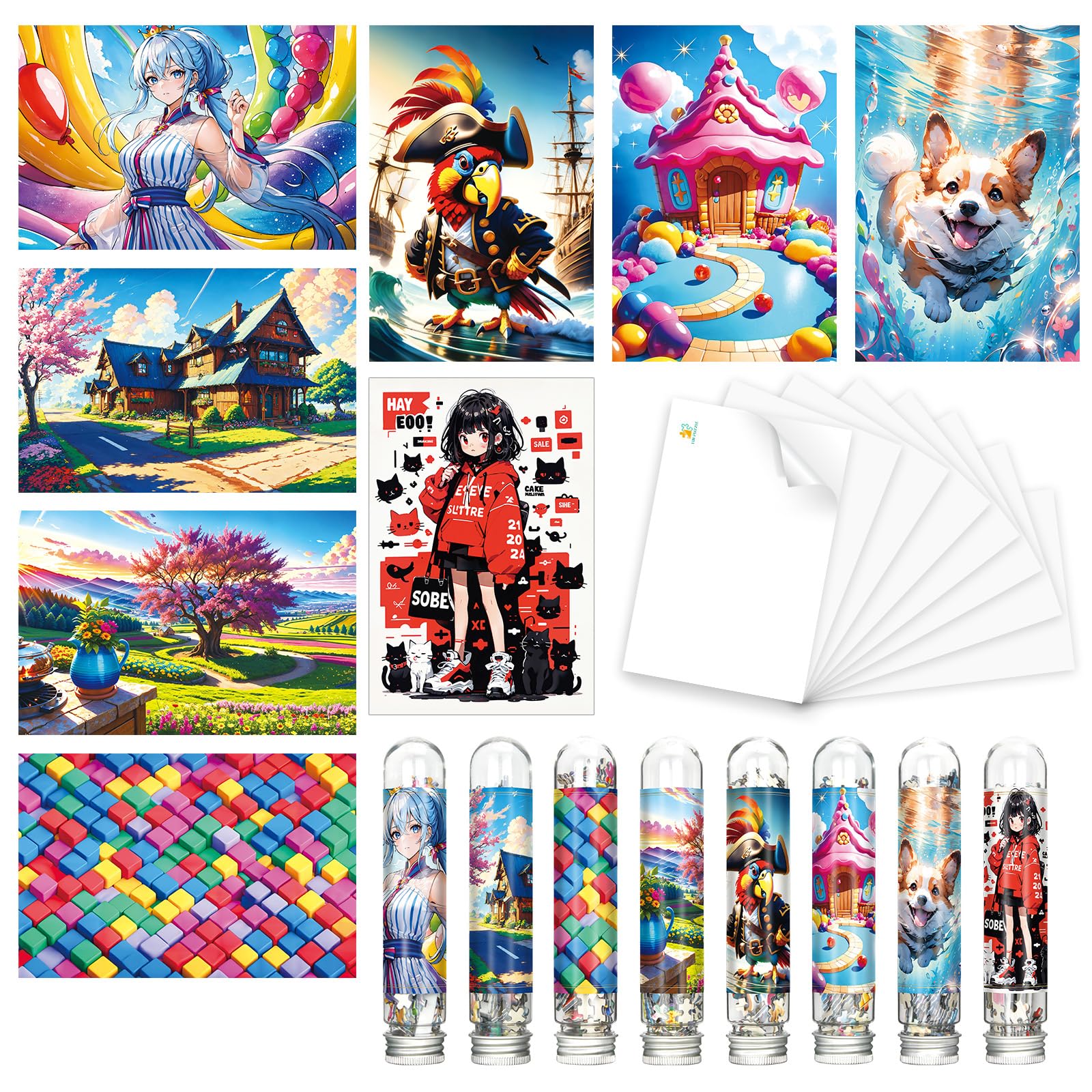 Mini Jigsaw Puzzles for Adults (8 Packs) 234 Pieces per Pack, Double Sided Jigsaw Puzzle with Reference Plan, Micro Puzzle, with Tweezers for Small Puzzles, Suitable as a Gift