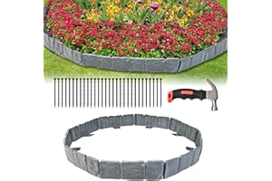 HEWLAUD Garden Edging Border,24 FT Imitation Stone Effect Garden Lawn Border with Anchoring Spikes,No Dig Flexible Lawn Edging and Flower Bed Border (Grey-30)