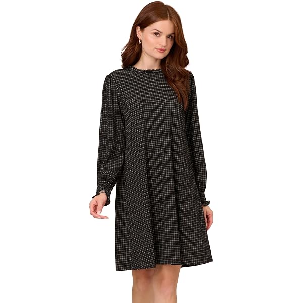 DKNY Long Sleeve Tie Neck Pleated Shift Dress,Black, 2 at Amazon Women's  Clothing store