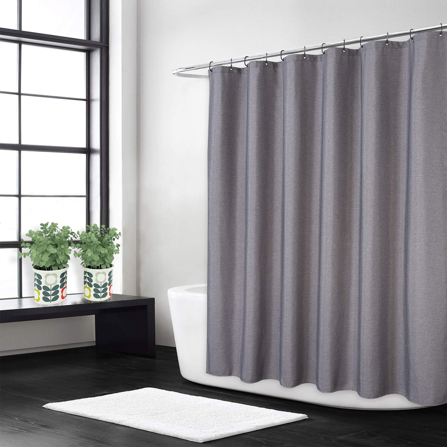 Flax Linen Like 240GSM Heavy Weight Fabric Shower Curtain for Bathroom with Hooks Hotel Luxury Washable, Grey, 180x180 cm