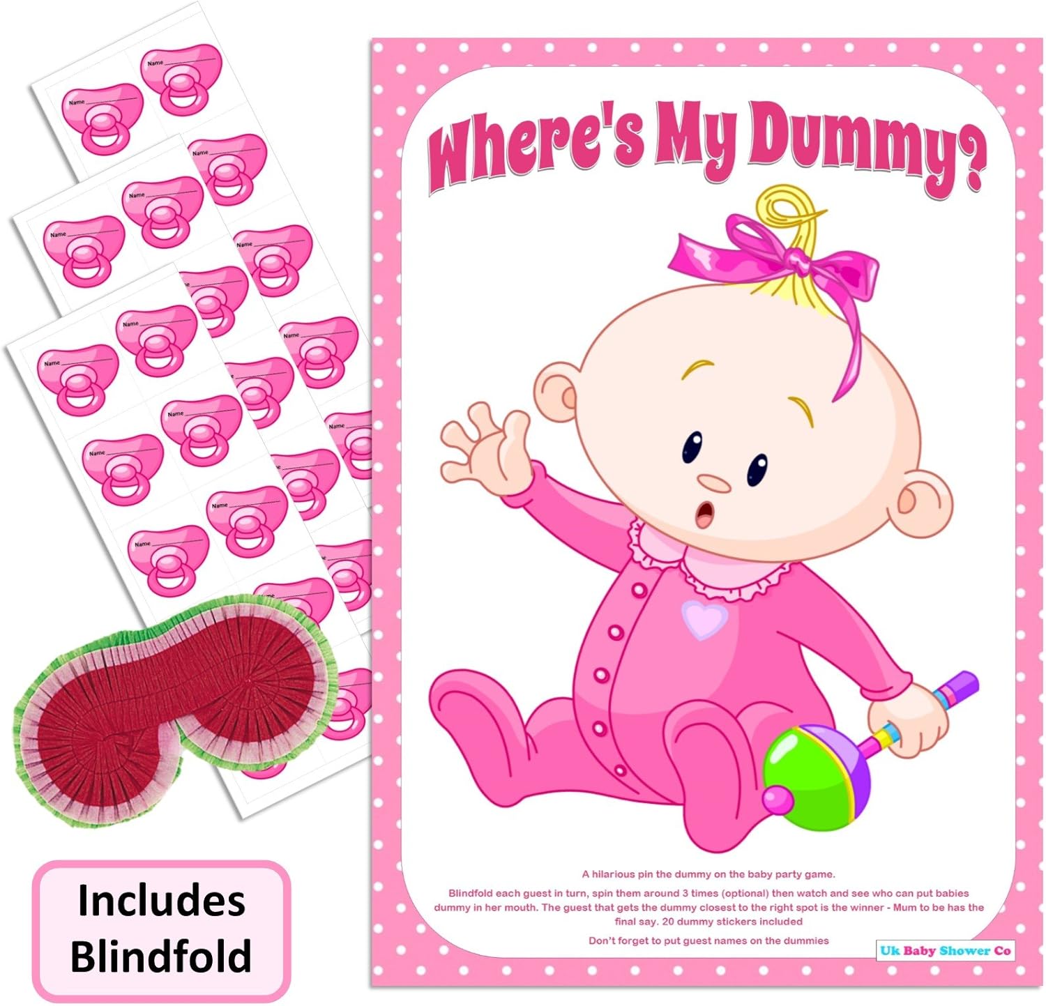 Pin the Dummy Baby Shower Game (30 Guest WITH Blindfold, PINK) Amazon