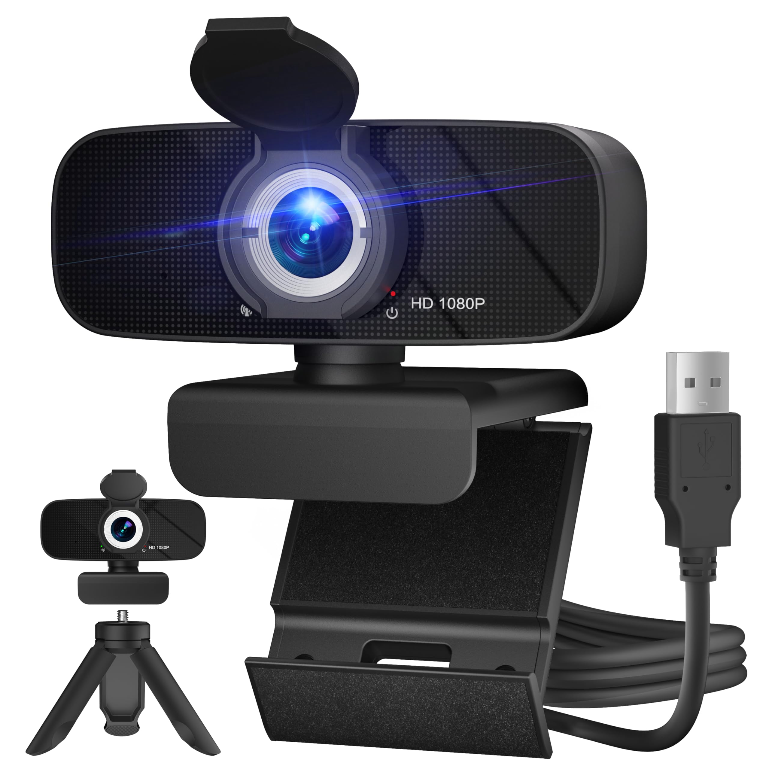 Photo 1 of RUWBY Full HD 1080P Webcam with Microphone and Rotatable Tripod, Light Correction, Wide Angle and Plug and Play Video Camera for Desktop PC or Laptop