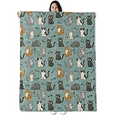 Cute Cat Blanket Gifts for Boys Girls Kids, Cartoon Kittens and Fishbone Warm Soft Flannel Throw Blankets for Travel, Sofa, Room, Bedroom Birthday Christmas Spring Decor, 50x60 in