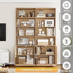 FACBOTALL Bookshelf and Bookcase with Doors, 6 Tier