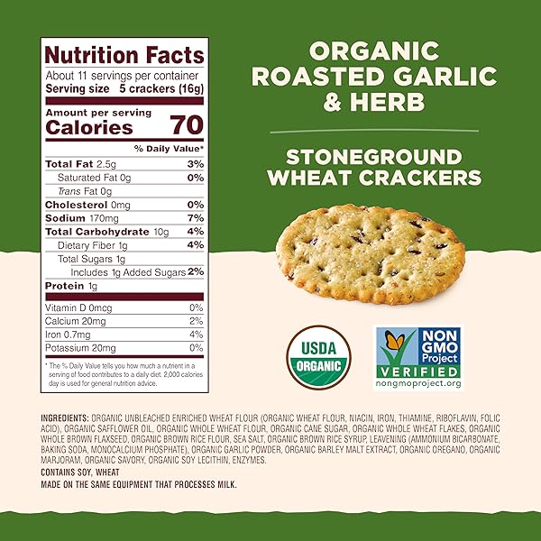 BACK TO NATURE ORGANIC STONEGROUND WHEAT CRACKERS, ROASTED GARLIC & HERB – DAIRY FREE, NON-GMO, MADE WITH WHOLE GRAINS & FLAX SEED, DELICIOUS & QUALITY SNACKS, 6 OUNCE​
