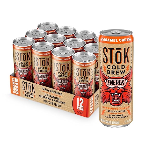 STOK COLD BREW ENERGY CARAMEL CREAM, ENERGY COFFEE BEVERAGE WITH 195MG CAFFEINE TO HELP SUPPORT FOCUS, CANNED COFFEE WITH B-VITAMINS, GUARANA AND GINSENG, 11 FL OZ, 12PK