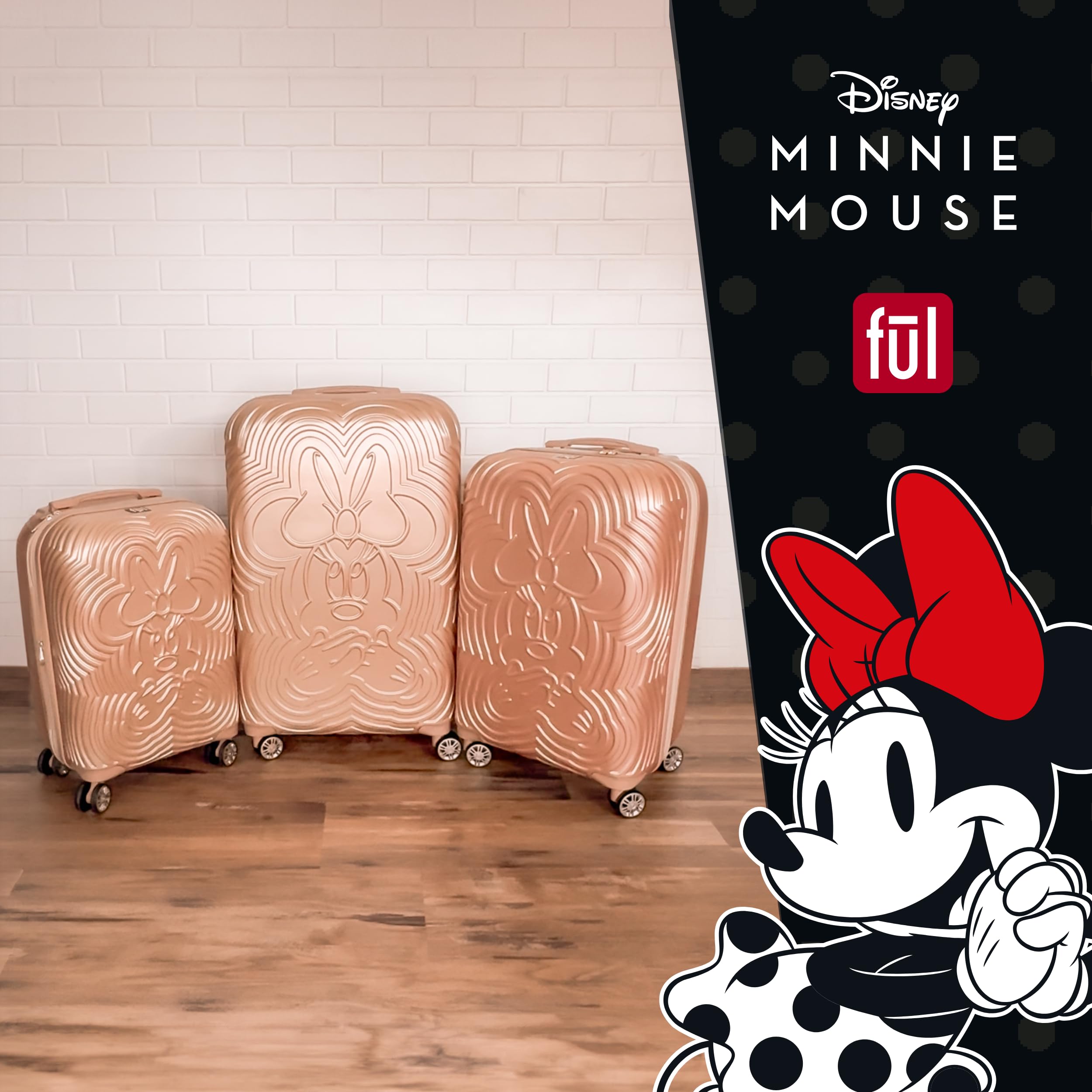 FUL Disney Minnie Mouse 3 Piece Rolling Luggage Set, Molded Hardshell Suitcase with Wheels, 21, 25 and 29 Inch, Rose Gold