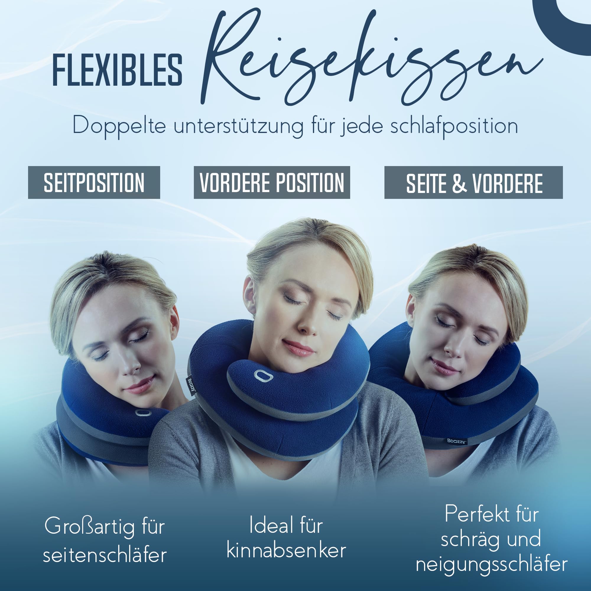 BCOZZY Nackenkissen Für Reisen, Bietet Doppelte Unterstützung Für Kopf, Nacken Und Kinn In Jeder Schlafposition Auf Flügen, Im Auto Und Zu Hause, Bequemes Flugzeug-Reisekissen, Größe Large, Blau 2