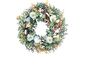 LOKEISNA 20”Eucalyptus Fall Wreaths for Front Door, White Pumpkin Door Wreaths for Front Door, Green Wreaths for Front Door Wreaths for All Seasons, Artificial Front Door Wreath