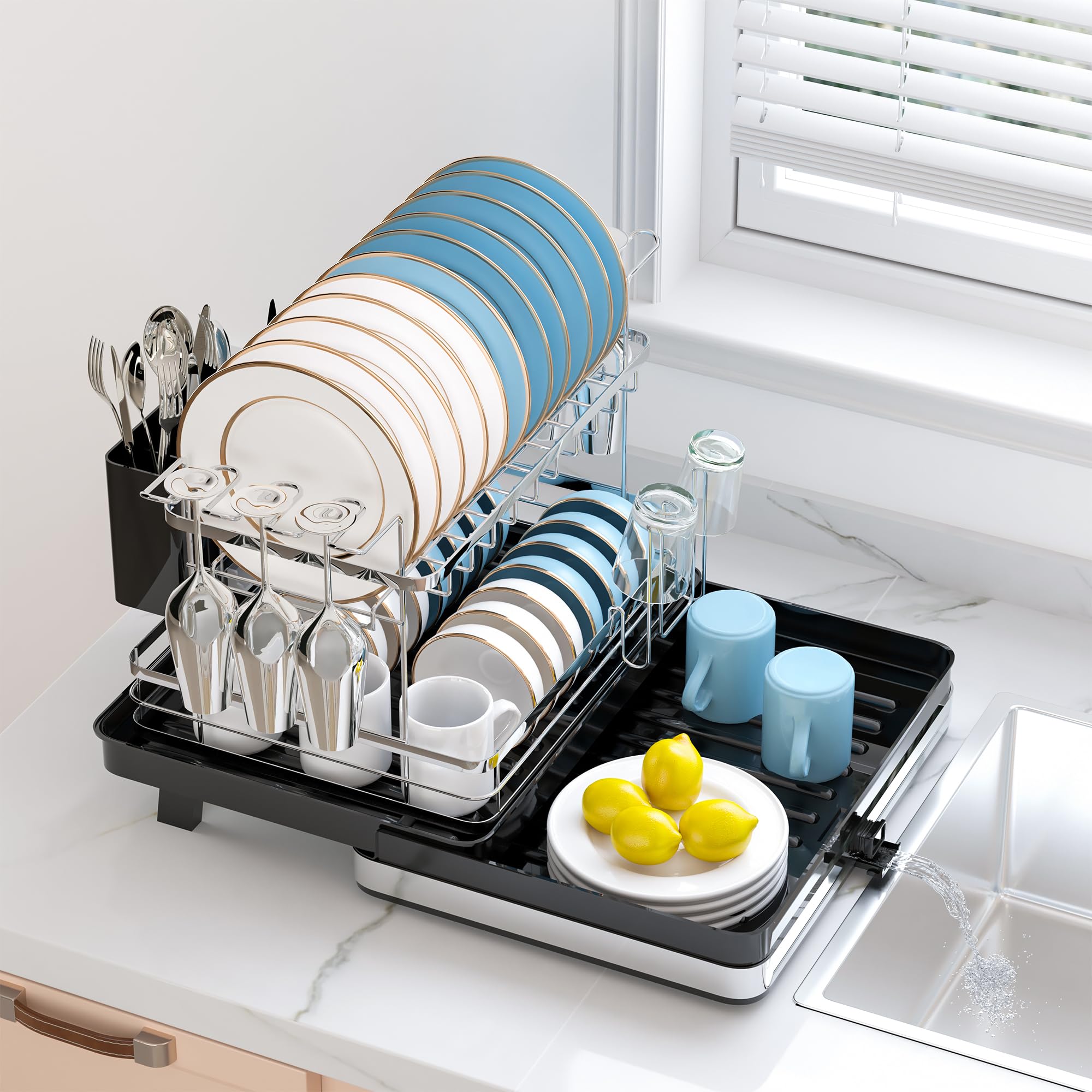 Photo 1 of Pumokc Dish Drying Rack, Expandable Large Capacity 2 Tier Dish Drying Rack, Stainless Steel Dish Drainer with Utensil Holder, Adjustable Width for Kitchen Counter,Black