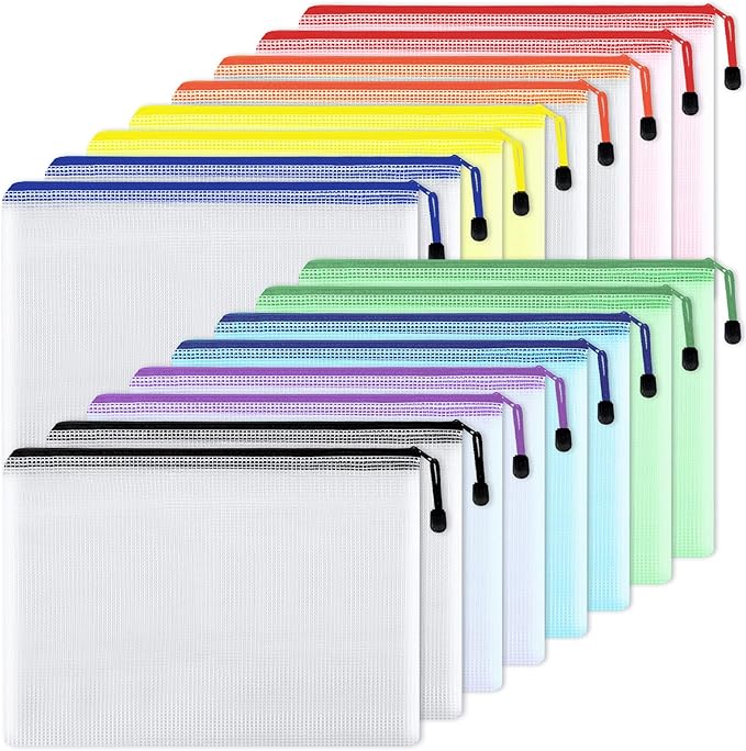 EOOUT 16pcs Plastic Mesh Zip Document Pouches Zip File Folders with A4 Size Paper, Office