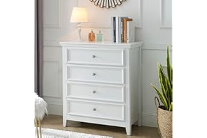BOSHIRO White Dresser for Bedroom, 4 Chest of Drawers, Wooden Dressers Tall Nightstand with Drawer, Farmhouse Cabinet for Bedroom, Living Room,Hallway