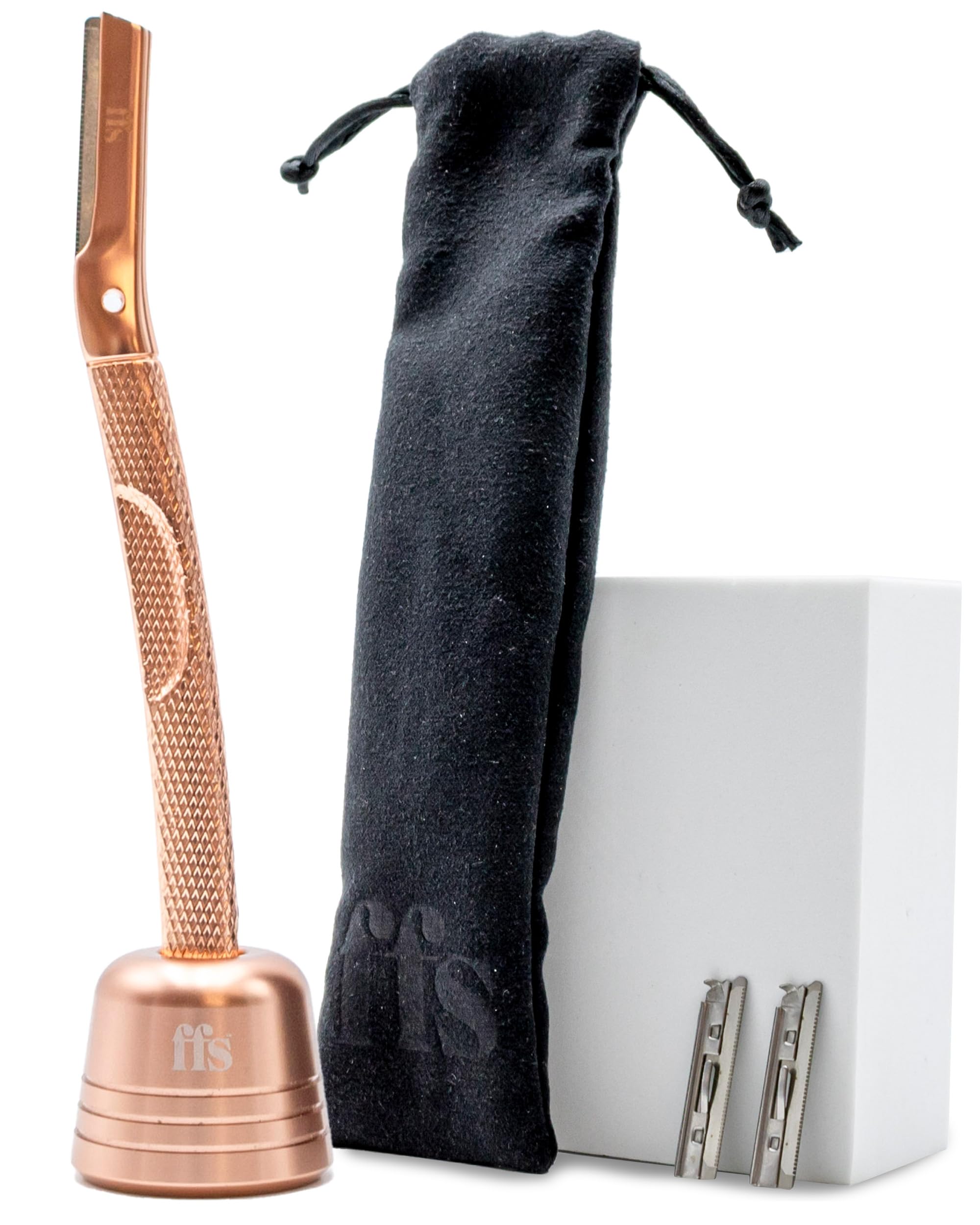 Dermaplaning Kit for Facial Hair Removal, Exfoliation, Eyebrow Shaper - FFS Beauty Metal Dermaplaning Tool w/ 2x Dermaplaning Blades for Face, Derma Blade Cover, Stand, Travel Pouch & Guide, Rose Gold