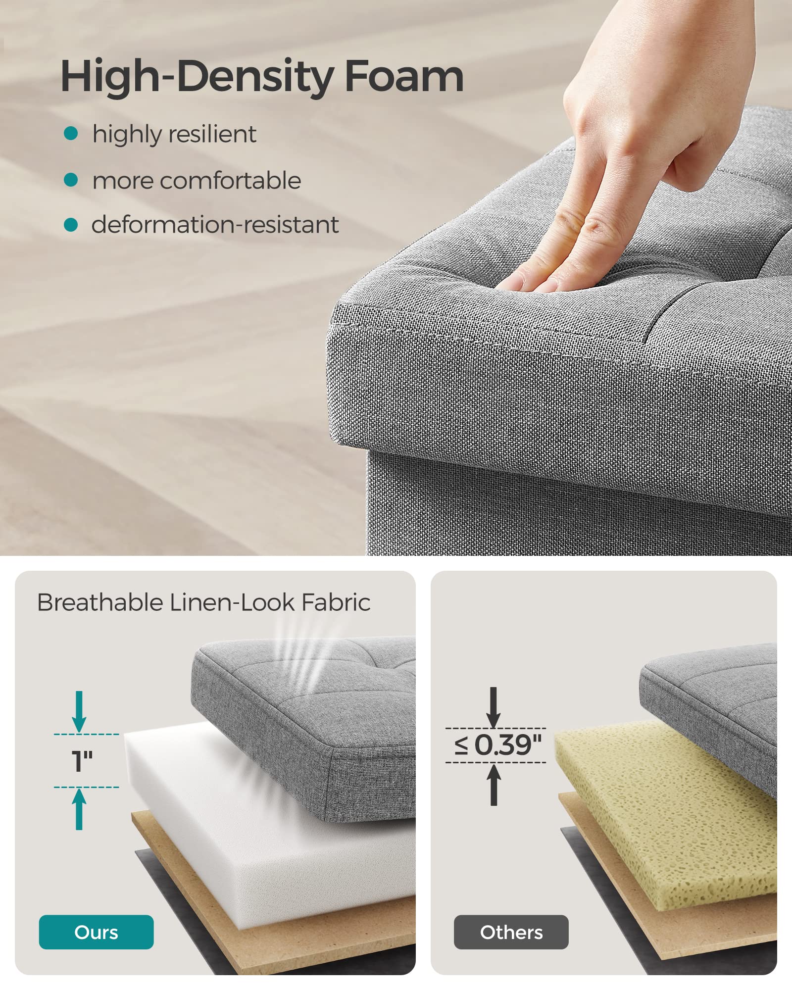 SONGMICS Mazie Collection - Small Folding Storage Ottoman, Foot Rest Stool, 12.2 x 16.1 x 12.2 Inches, 286 lb Load Capacity, for Living Room, Bedroom, Home Office, Dorm, Light Gray ULSF102G02