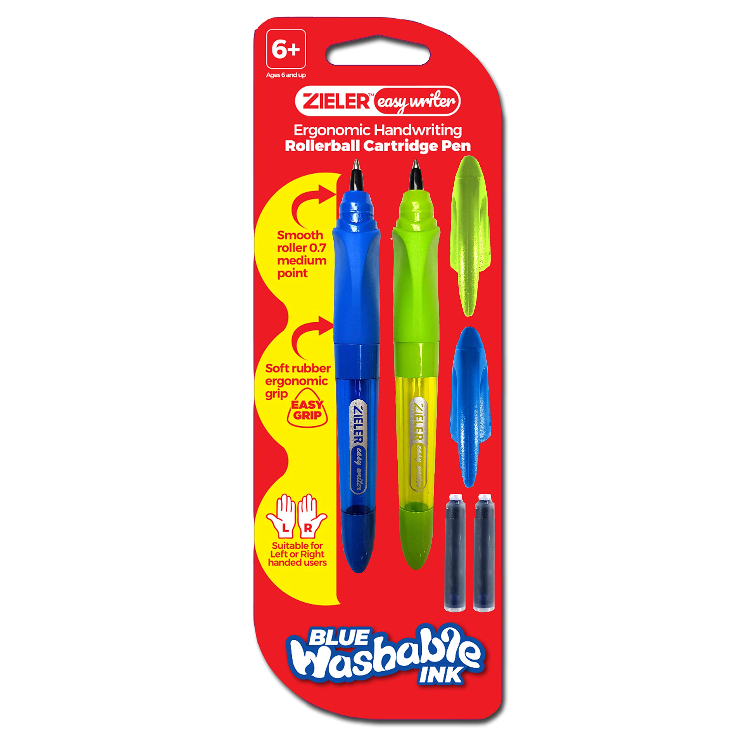 Zieler Ergonomic Handwriting Rollerball Cartridge Pen (twin pack) Suitable for right & left handed use – Soft rubber ergonomic grip – Extra smooth medium-point 0.7mm nib – 2 ink cartridges