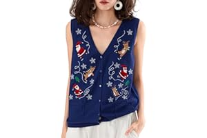 KMBANGI Women Christmas Button Sweater Vest Embroidery Santa Print Sleeveless Cardigan Knit V Neck Vest Top Xmas Clothes