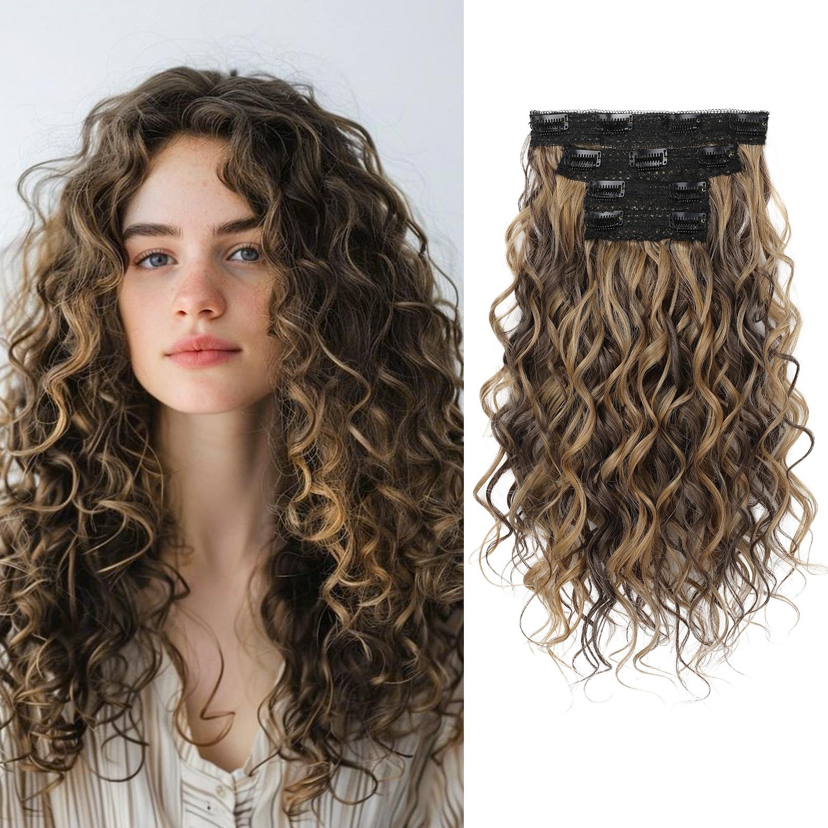 Photo 1 of REECHO Curly Hair Extensions, 4PCS 16 inch Clip in Hair Extensions Lace Weft Short Curly Hair Extensions Clip Ins Invisible Natural Hairpieces for Women, Chocolate Brown with Highlights