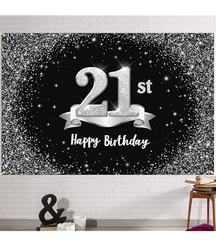 Dill-Dall Hintergrund „Happy 21st Birthday“ – Schwarz/Silber, 1,8x1,2m, Inkl. 5,8m Weißer Schnur
