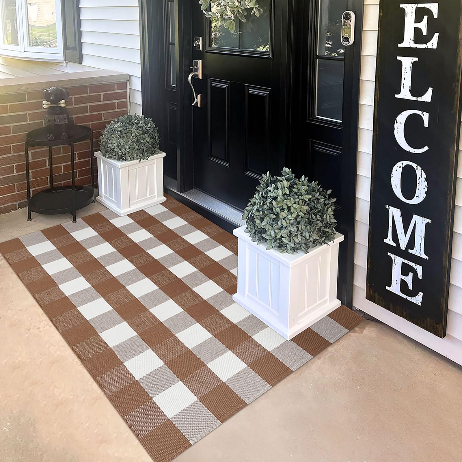 Photo 1 of KILOCOCO Buffalo Plaid Checkered Rug 3'x5' Front Door Mat Outdoor Brown and White Entryway Rugs Cotton Washable Front Porch Rug Layered Doormats for Patio Farmhouse Entry Kitchen Laundry Room