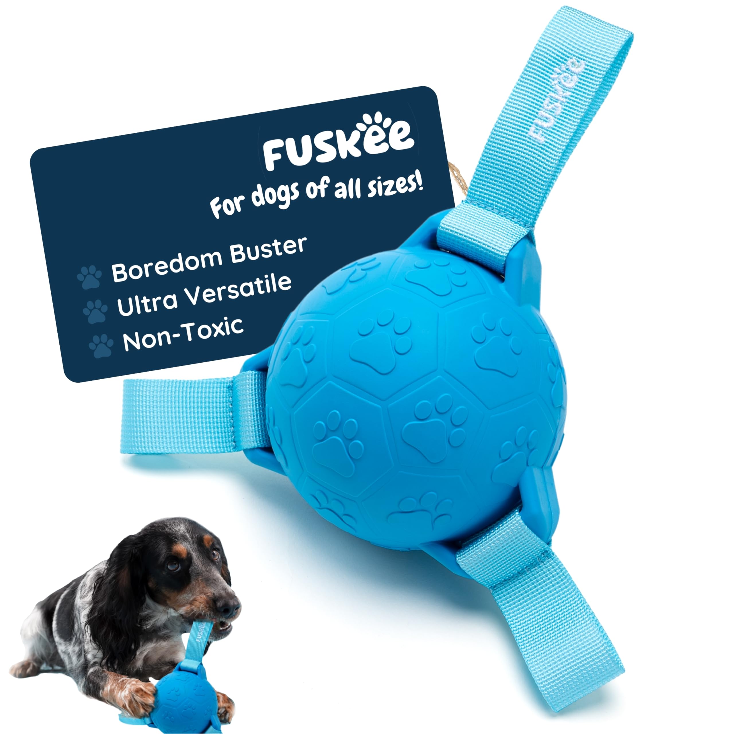 Fuskee Blue Trio-Tag Dog Toy - Durable Natural Rubber as Puppy Toys or Any Sizes with Textured Grab Tags & Straps - Interactive Chew for Boredom Relief & Tug-Of-War Suitable Fun