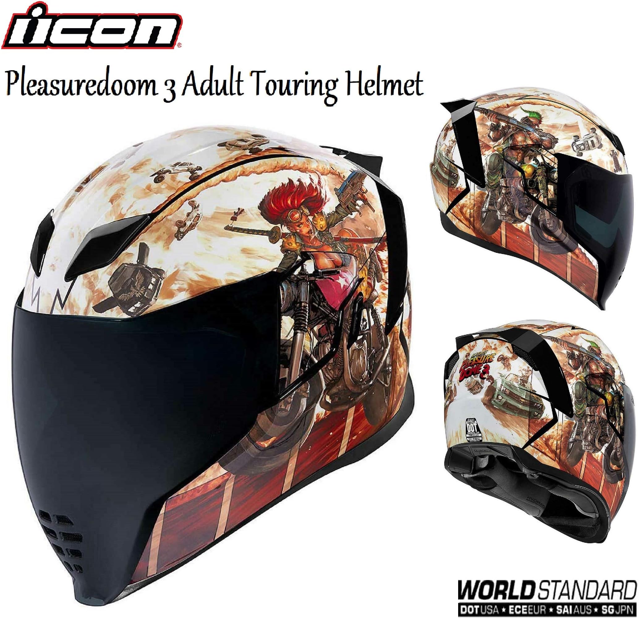 MOTORBIKE ADULT FULL FACE HELMET ICON AIRFLITE PLEASUREDOME 3 Motorcycle Scooter On Road Track Racing Touring Urban Sports ECE ACU Crash Helmet