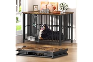 Easycom Dog Crate Furniture Foldable, No Assembly Decorative Dog Kennel Indoor, Dog Crates for Large Dogs(35-60 lb), Wooden Dog Cage with Adjustable Bowls and Name Tag, End Table, Rustic Brown