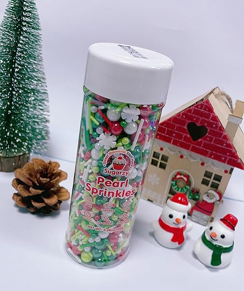 EDIBLE CHRISTMAS SPRINKLES FOR CAKE DECORATING,130G,WHITE SNOWFLAKES RED GREEN PEARLS AND JIMMIES MIX,EDIBLE WINTER SUGAR PEARL HOLIDAY SPRINKLE FOR CUPCAKE TOPPERS,COOKIE,ICE CREAM DESSERT DECORATIONS BIRTHDAY CHRISTMAS PARTY SUPPLIES