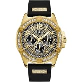 GUESS Comfortable Gold-Tone Black Stain Resistant Silicone Watch with Crystal Embellished Day, Date + 24 Hour Military/Int'l Time. Color: Black (Model: U1132G1)