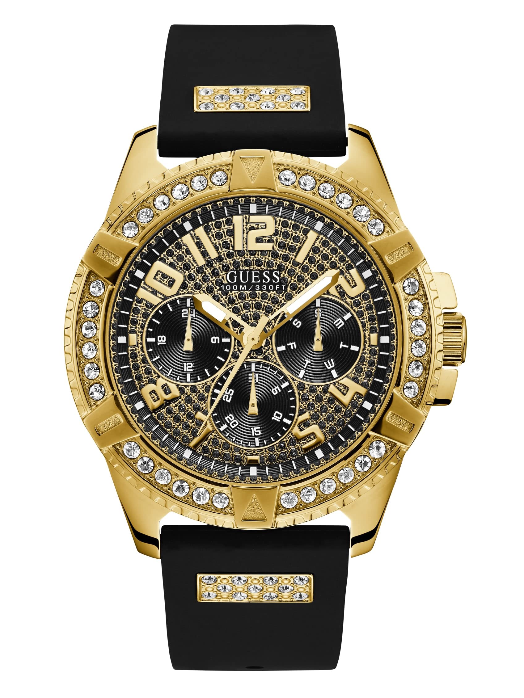 Photo 1 of GUESS Comfortable Gold-Tone Black Stain Resistant Silicone Watch with Crystal Embellished Day, Date + 24 Hour Military/Int'l Time. Color: Black (Model: U1132G1)