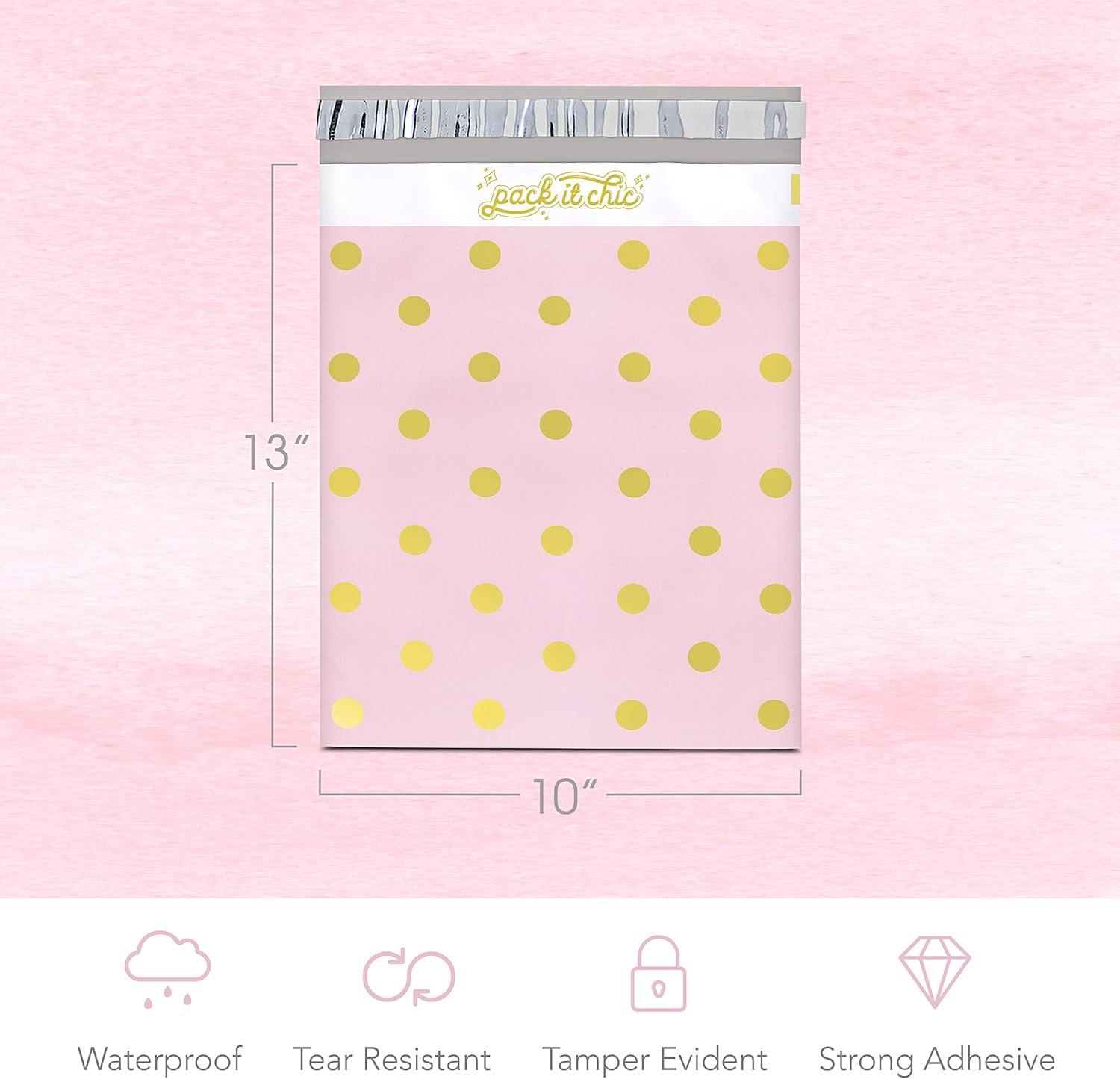 Pack It Chic - 10X13 (100 Pack) Pink Polka Dot - Thank You Poly Mailer Envelope Plastic Custom Mailing & Shipping Bags - Self Seal (More Designs Available) : Office Products