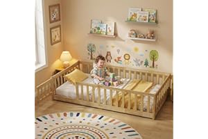 MoproBeti Twin Floor Bed with Safety Guardrails for Kids, Rubber Wood Montessori Bed with Slats and Convertible Door, Twin Size Bed Frame for Girls and Boys,No Box Spring Needed,Natural