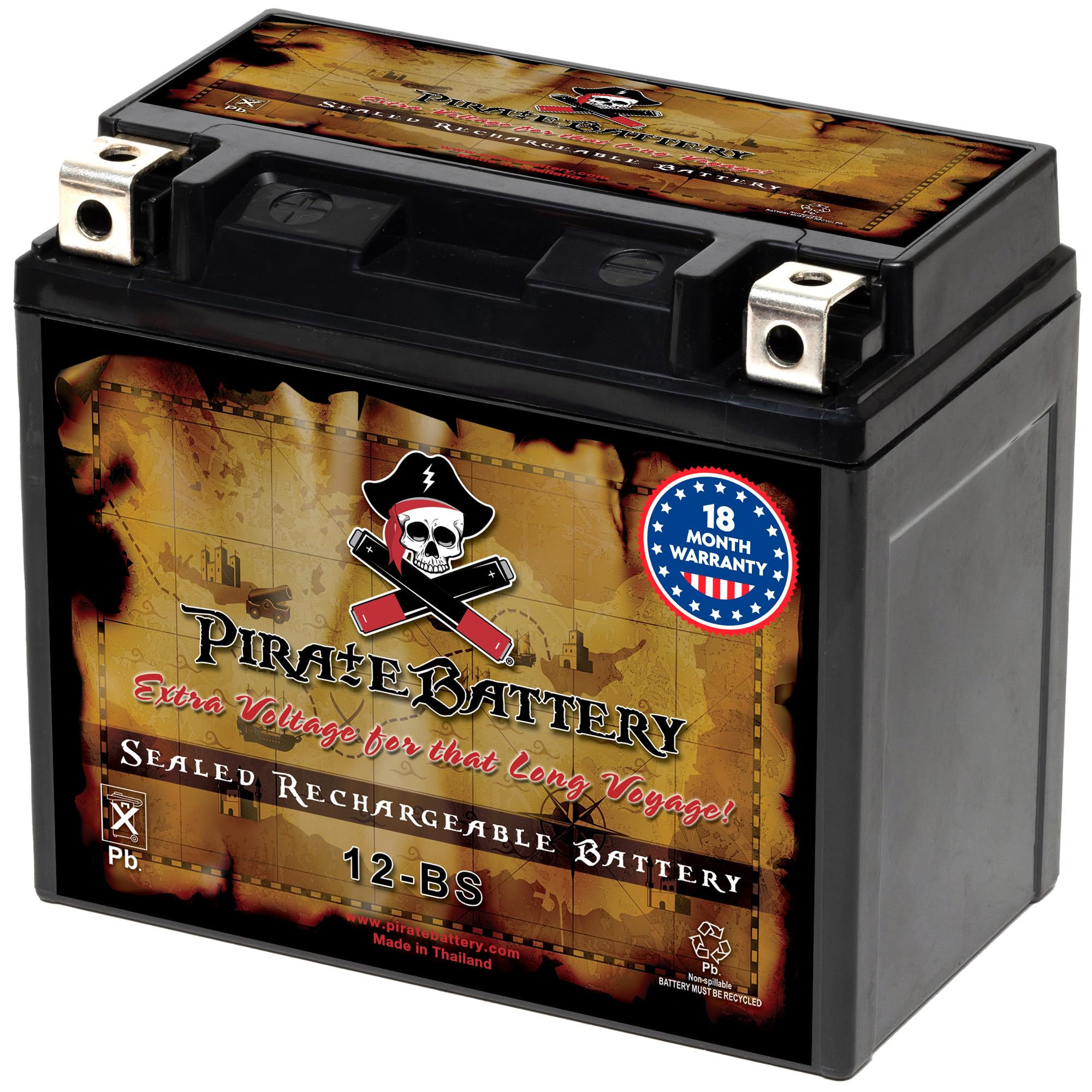 Photo 1 of Pirate Battery YTX12-BS Maintenance Free Replacement Battery for ATV, Motorcycle, Scooter, and UTV: 12 Volts, 1.2 Amps, 10Ah, Nut and Bolt (T3) Terminal