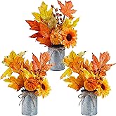 Winlyn 3 Pack Fall Faux Potted Plants Rustic Thanksgiving Floral Arrangements Artificial Fall Harvest Maple Leaf Picks in Metal Pots for Kitchen Home Autumn Wedding Table Centerpieces Mantel Decor