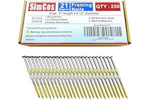 SimCos Framing Nails 304 Stainless Steel 21° Full Round Head Nail 21 Degree Ring Shank Nail for Pneumatic, Electric 21 degree Framing Nailer (3 inch (250 pcs))