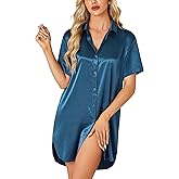 LYANER Women's Satin Nightgown V Neck Short Sleeve Silk Nightshirt Button Down Pajamas Dress Boyfriend Sleepshirt